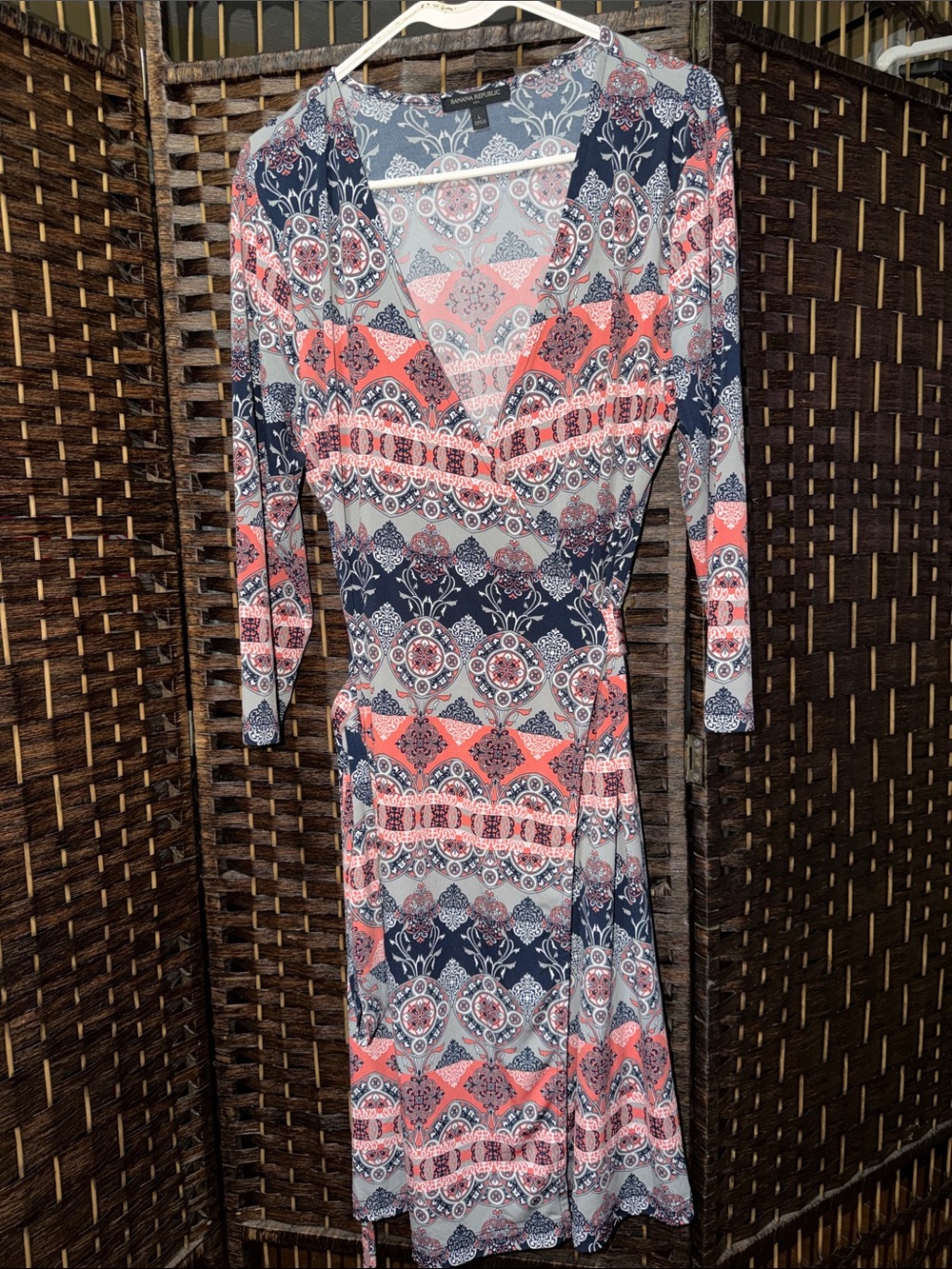 Banana Republic Coral and Navy Printed V-Neck Long Sleeve Dress